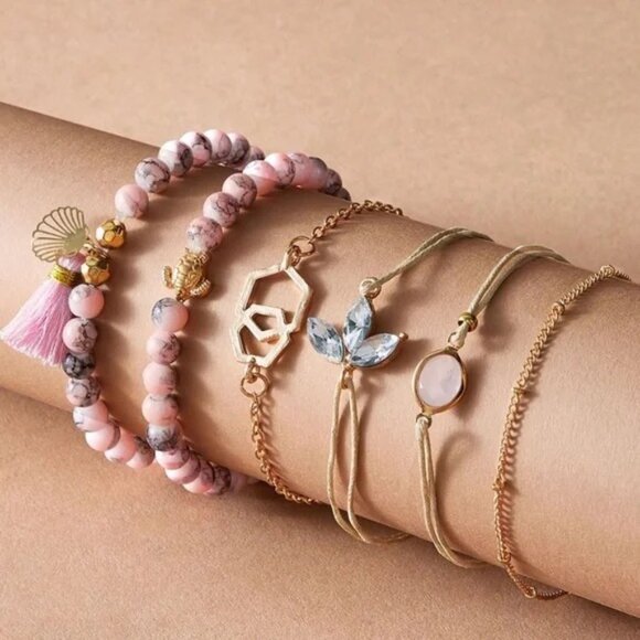 Bohemian Pink Bead Rhinestone Gold tone Bracelet Set - Picture 2 of 3